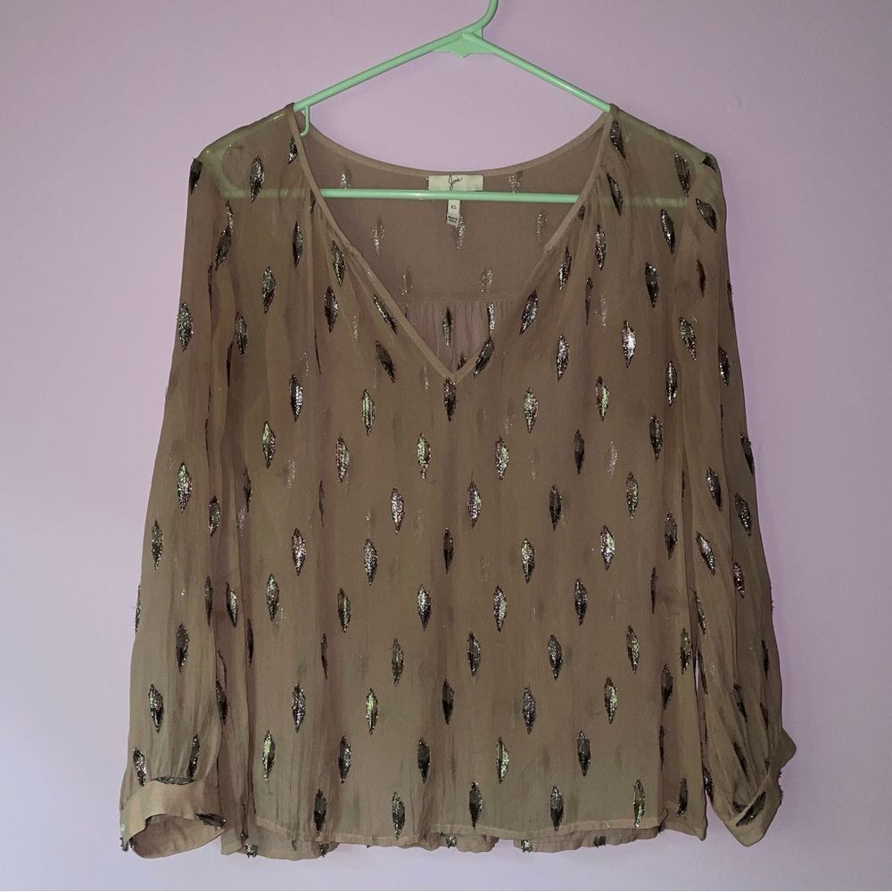Joie 100% Silk Blouse XS Blush Pink Metallic V Neck Long Sleeve Top